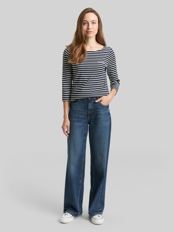 Long-sleeved top with a striped pattern - navy blue offwhite stripe