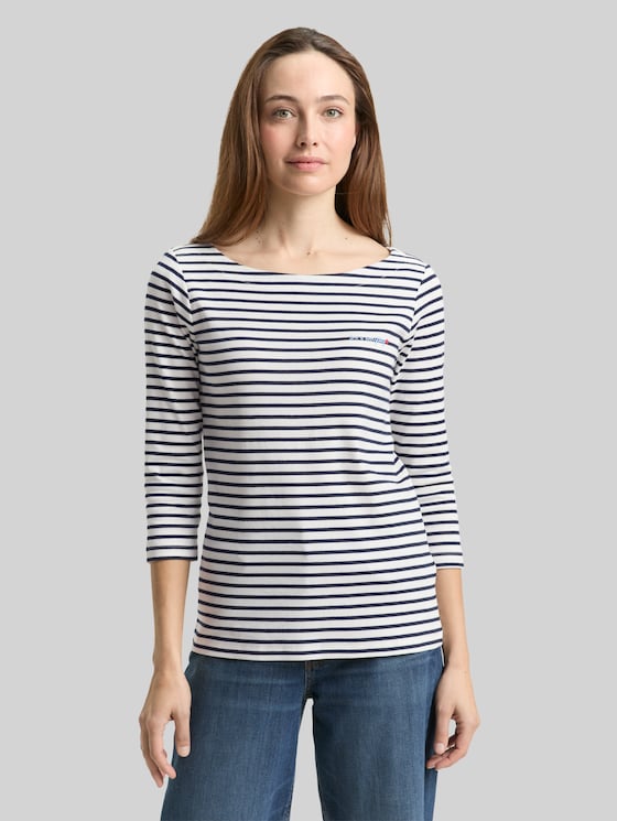 Long-sleeved top with a striped pattern - offwhite navy blue stripe