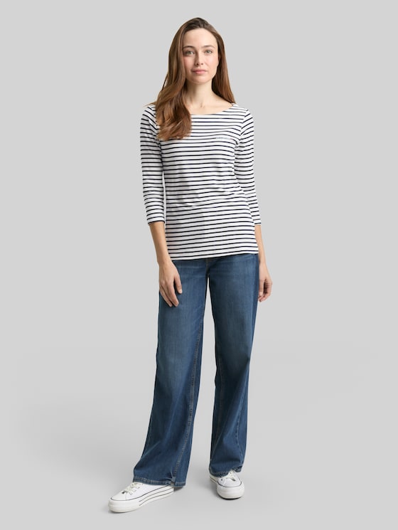 Long-sleeved top with a striped pattern - offwhite navy blue stripe