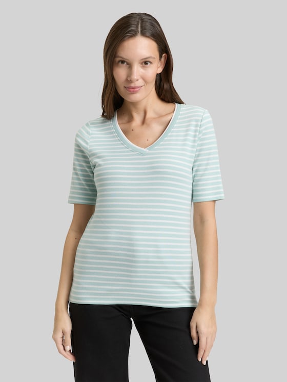 Slim fit T-shirt with V-neck - blue haze offwhite stripe