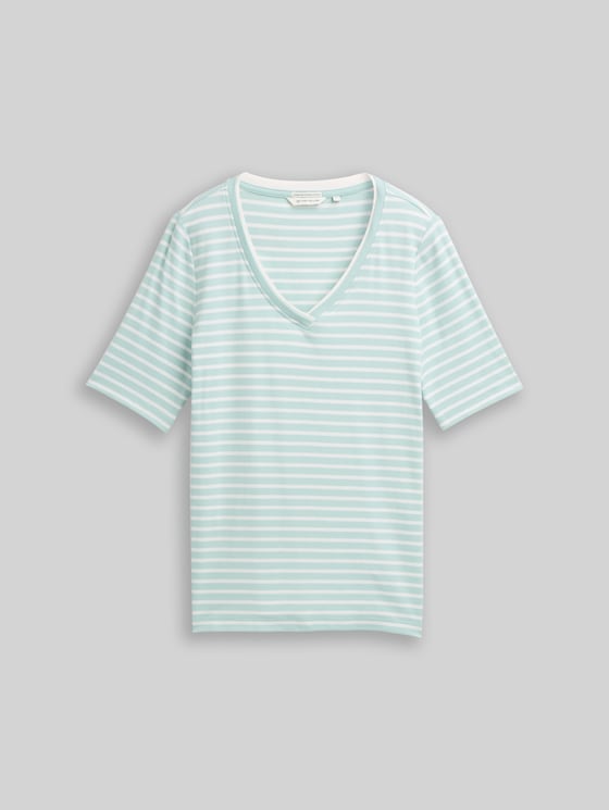Slim fit T-shirt with V-neck - blue haze offwhite stripe