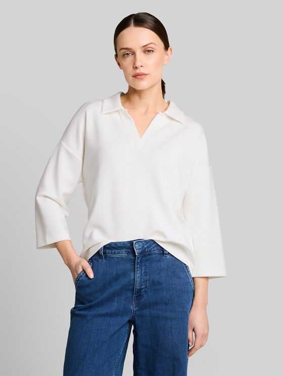 Loose fit scuba long-sleeved shirt with polo collar - Whisper White