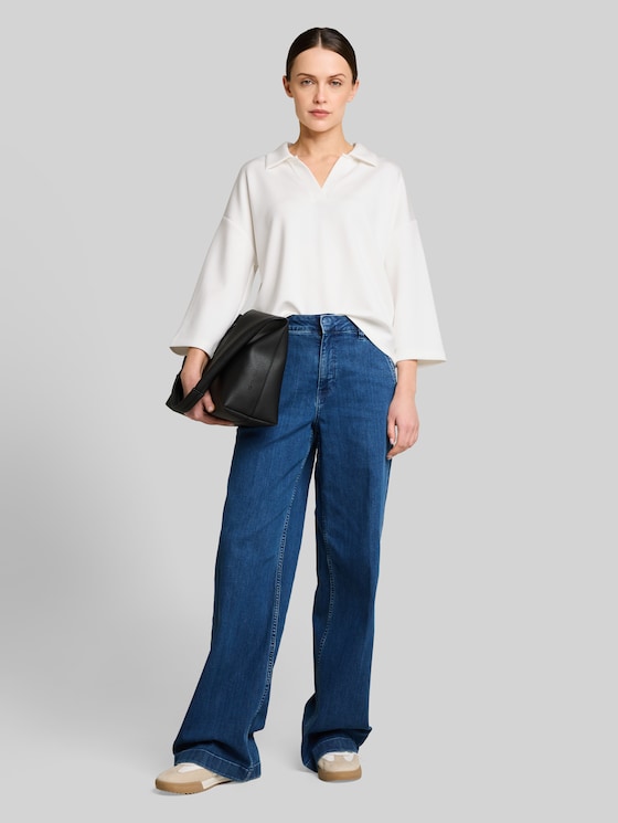 Loose fit scuba long-sleeved shirt with polo collar - Whisper White