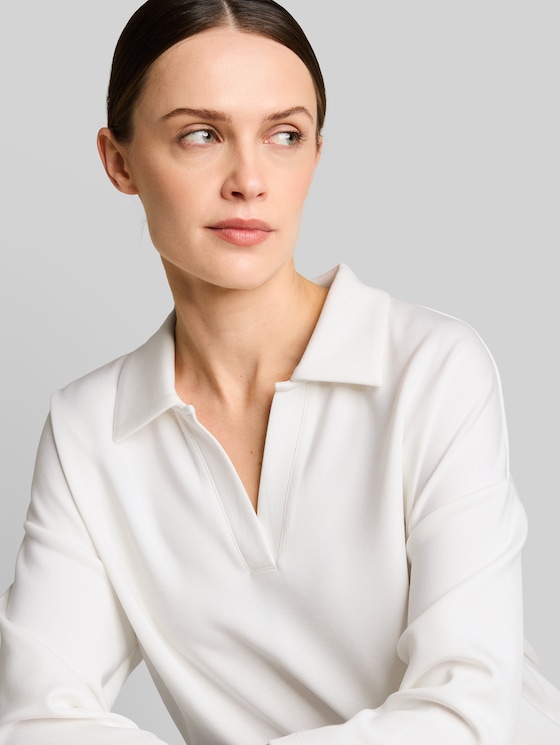 Loose fit scuba long-sleeved shirt with polo collar - Whisper White