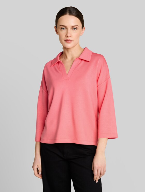 Loose fit scuba long-sleeved shirt with polo collar - soft coral pink