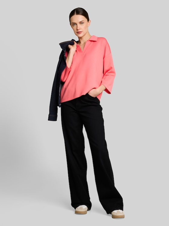 Loose fit scuba long-sleeved shirt with polo collar - soft coral pink