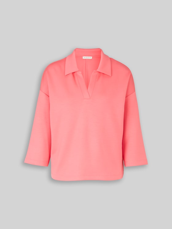 Loose fit scuba long-sleeved shirt with polo collar - soft coral pink