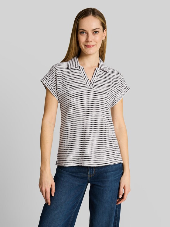 Loose fit jacquard T-shirt with polo collar - navy offwhite structure stripe