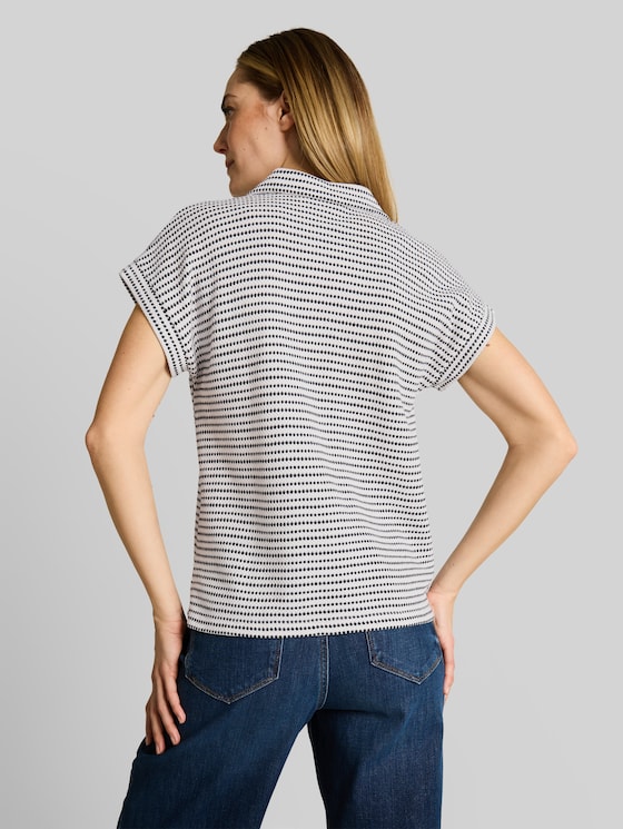Loose fit jacquard T-shirt with polo collar - navy offwhite structure stripe