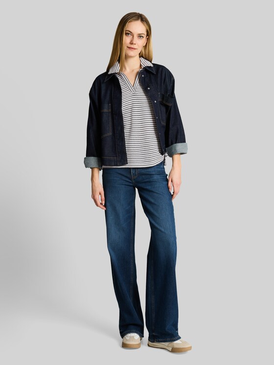 Loose fit jacquard T-shirt with polo collar - navy offwhite structure stripe