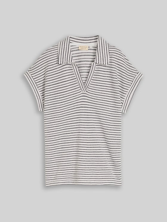 Loose fit jacquard T-shirt with polo collar - navy offwhite structure stripe