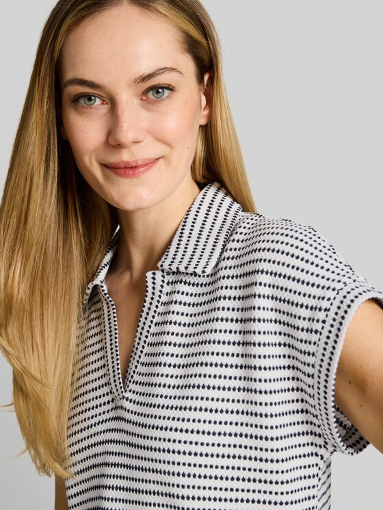 Loose fit jacquard T-shirt with polo collar - navy offwhite structure stripe