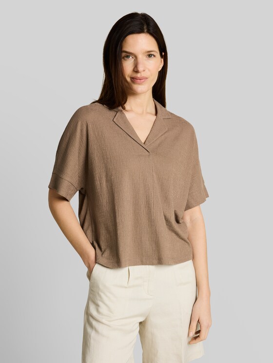 Loose fit T-shirt with lapel collar - taupe grey