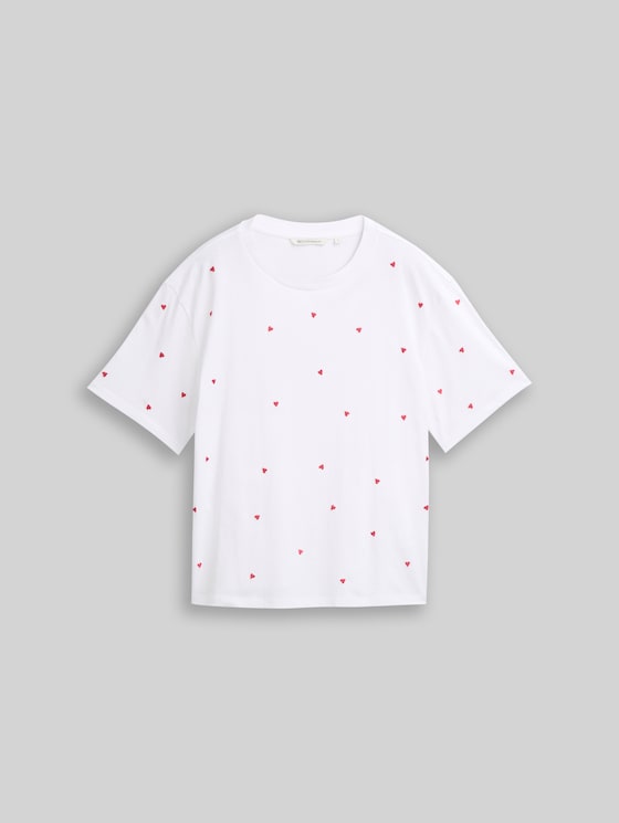 Boxy-fit T-shirt with embroidery - white red heart embroidery
