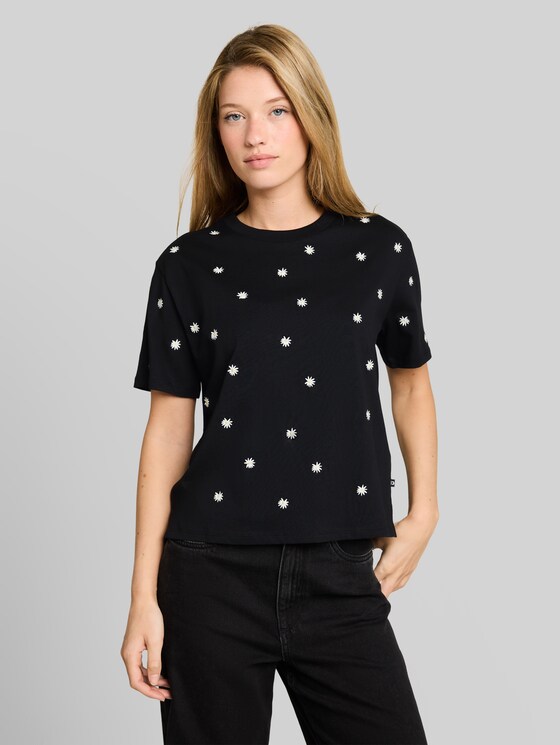 Boxy-fit T-shirt with embroidery - black daisy design