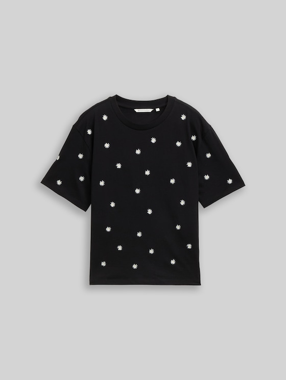 Boxy-fit T-shirt with embroidery - black daisy design