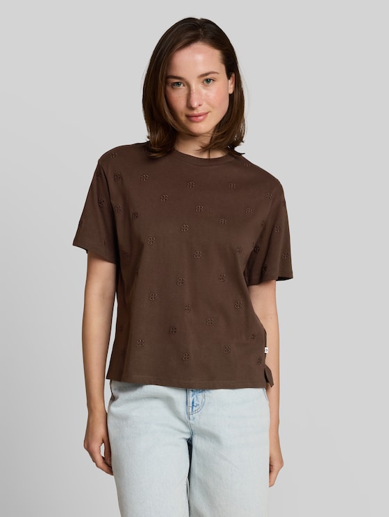 Boxy-fit T-shirt with embroidery - brown logo heart embroidery