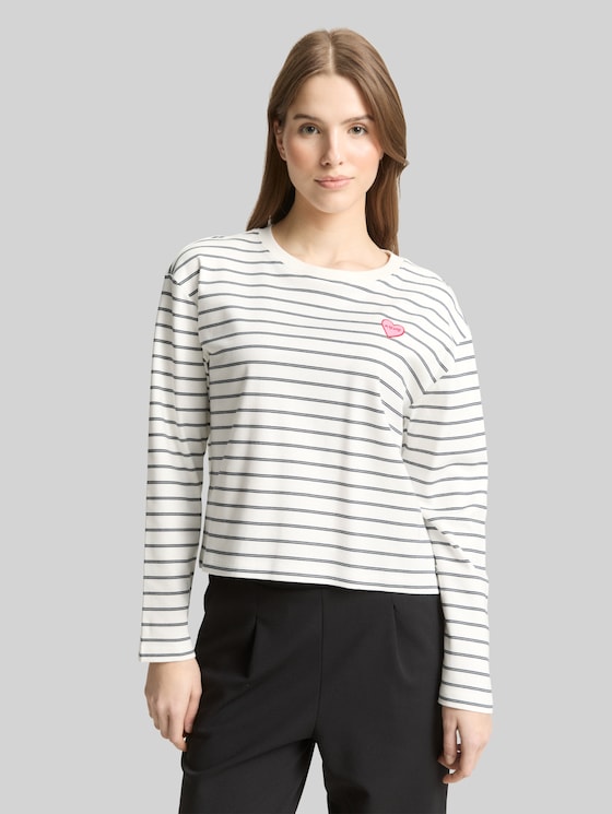 Boxy fit long-sleeved shirt with heart embroidery - off white navy stripe