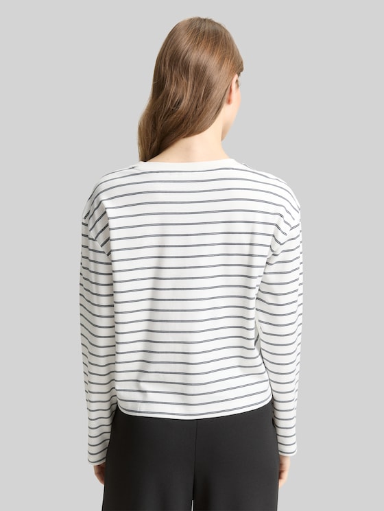 Boxy fit long-sleeved shirt with heart embroidery - off white navy stripe