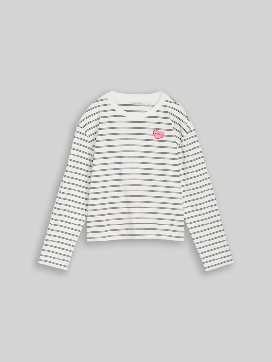 Boxy fit long-sleeved shirt with heart embroidery - off white navy stripe