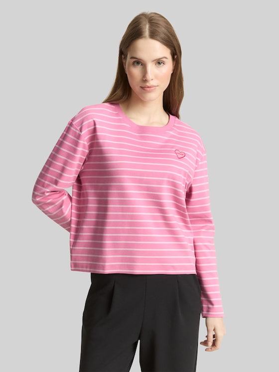 Boxy fit long-sleeved shirt with heart embroidery - pink white stripe
