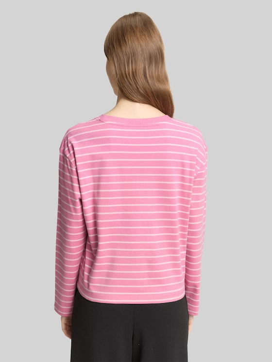 Boxy fit long-sleeved shirt with heart embroidery - pink white stripe