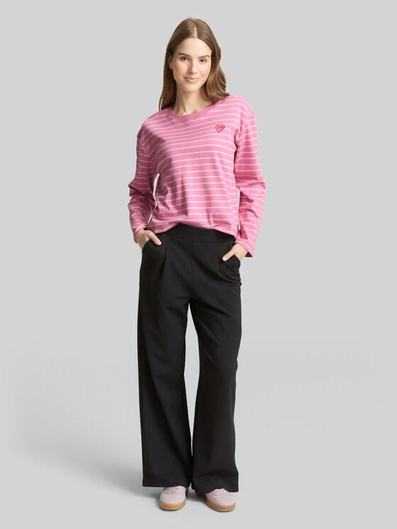 Boxy fit long-sleeved shirt with heart embroidery - pink white stripe
