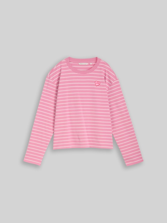 Boxy fit long-sleeved shirt with heart embroidery - pink white stripe