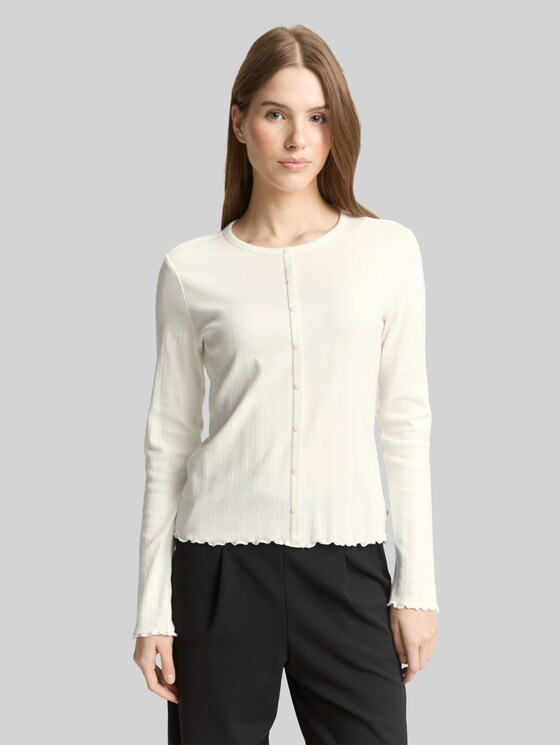 Pointelle long-sleeved shirt with decorative button placket - off white