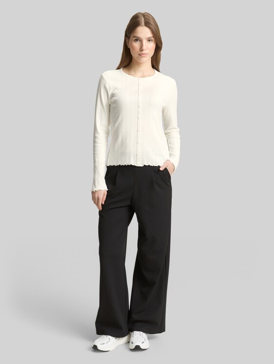 Pointelle long-sleeved shirt with decorative button placket - off white