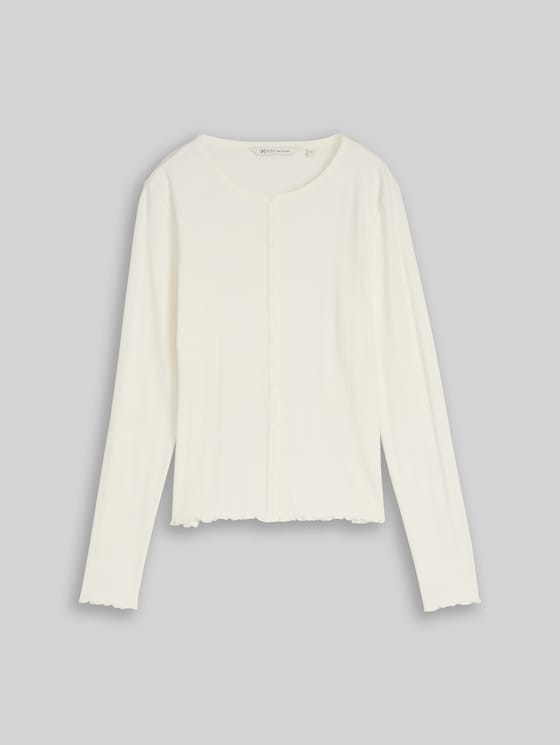 Pointelle long-sleeved shirt with decorative button placket - off white