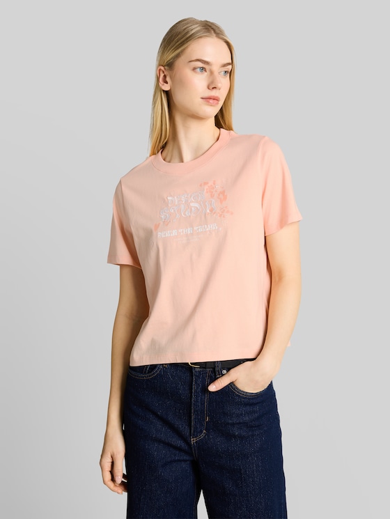 Loose fit T-shirt with embroidery - Orange Parfait