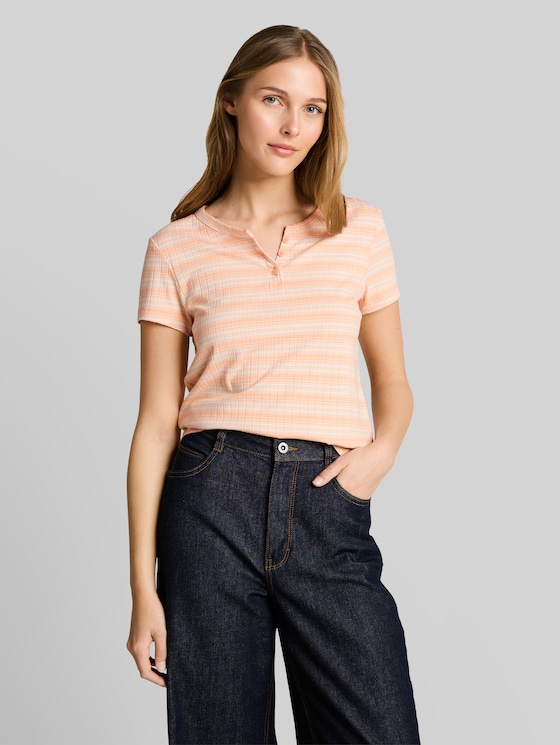 Henley T-shirt with striped pattern - apricot white gradient stripe