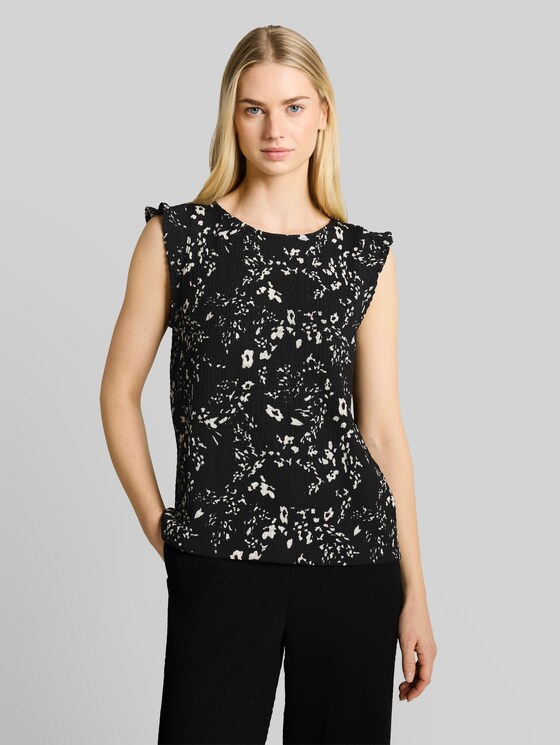 Loose fit crinkle top with flounces - black white flower print