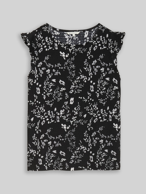 Loose fit crinkle top with flounces - black white flower print