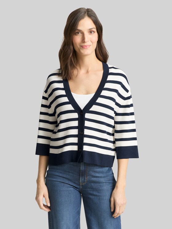 Loose fit cardigan with striped pattern - white sky blue knit stripe