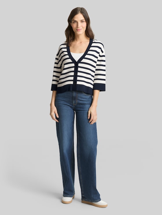 Loose fit cardigan with striped pattern - white sky blue knit stripe