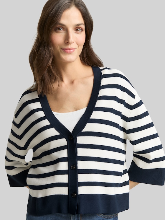 Loose fit cardigan with striped pattern - white sky blue knit stripe