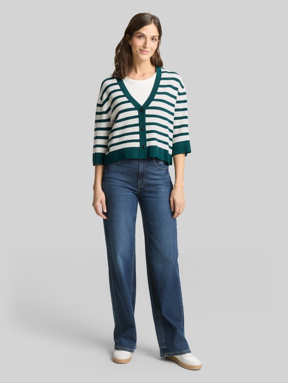 Loose fit cardigan with striped pattern - white green knit stripe