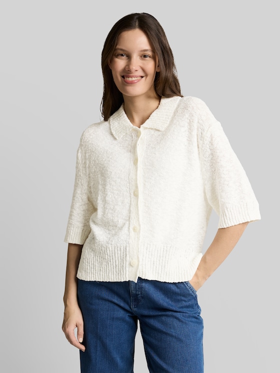 Loose fit bouclé cardigan with collar - Whisper White