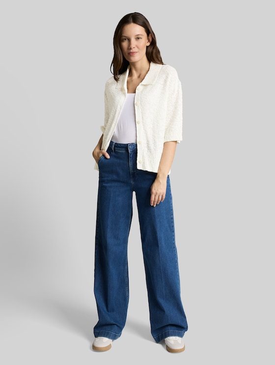 Loose fit bouclé cardigan with collar - Whisper White
