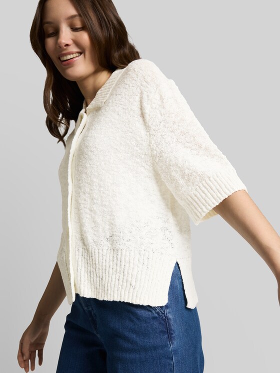 Loose fit bouclé cardigan with collar - Whisper White