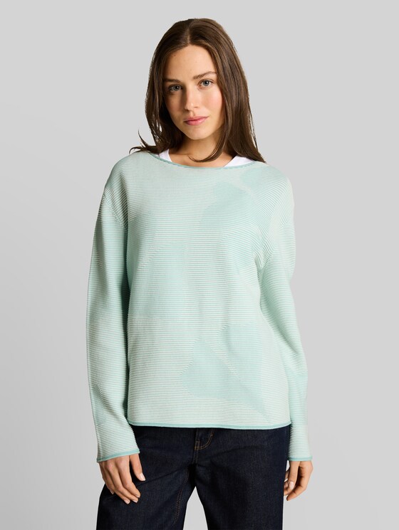 Cotton knitted jumper - mint ginko structure stripe