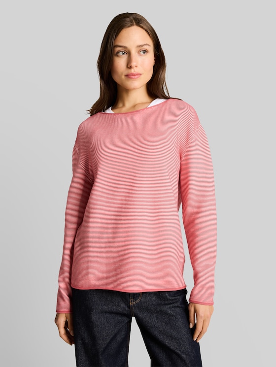 Cotton knitted jumper - coral white structure stripe