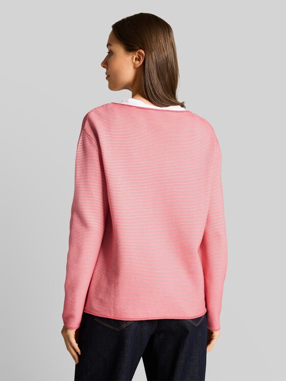 Cotton knitted jumper - coral white structure stripe