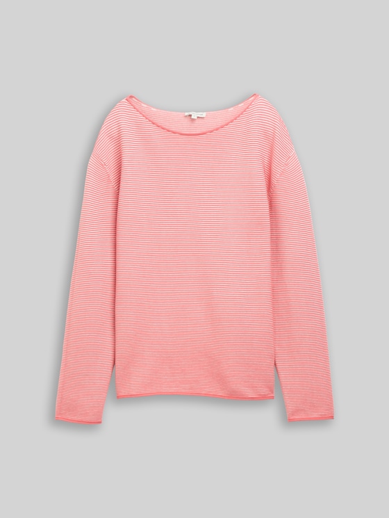 Cotton knitted jumper - coral white structure stripe