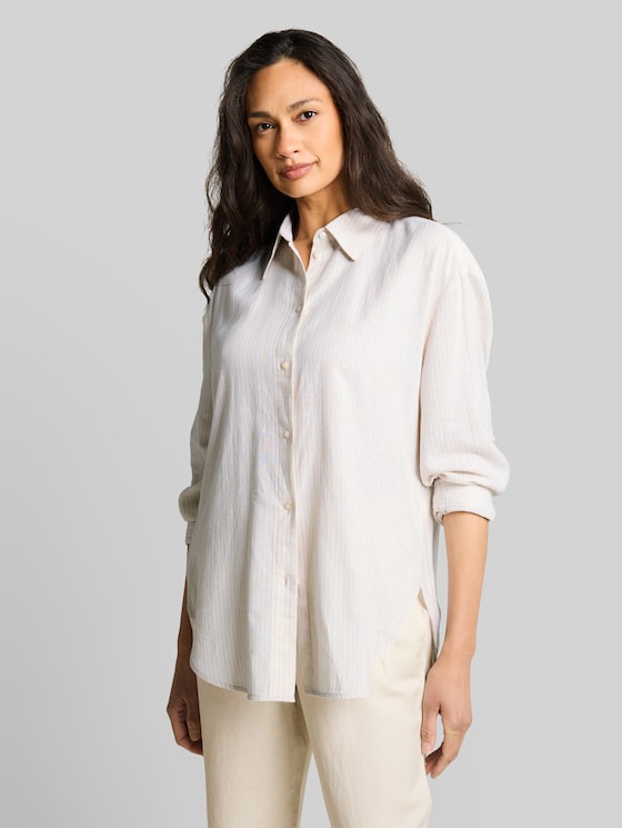 Oversized shirt blouse with linen blend - taupe white irregular stripe