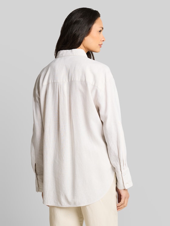 Oversized shirt blouse with linen blend - taupe white irregular stripe