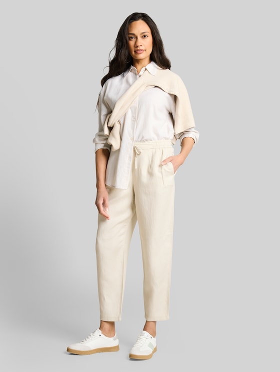 Oversized shirt blouse with linen blend - taupe white irregular stripe
