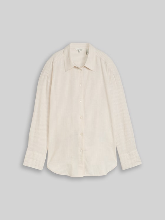 Oversized shirt blouse with linen blend - taupe white irregular stripe